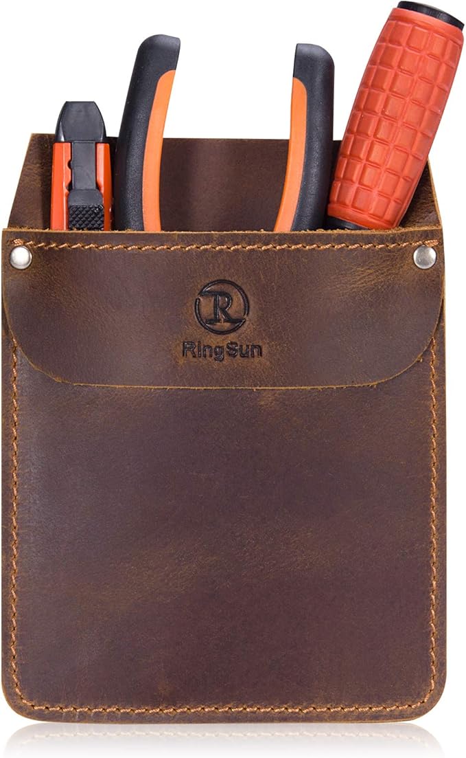 Brown Durable Leather Pocket Protector for Tools and Pens